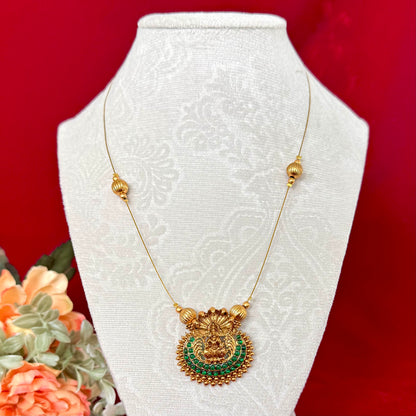 Lakshmi Temple Jewelry Set Antique Gold Necklace with Earrings | South Indian Goddess Pendant Green Stone Chain | Festival Wedding Jewelry G