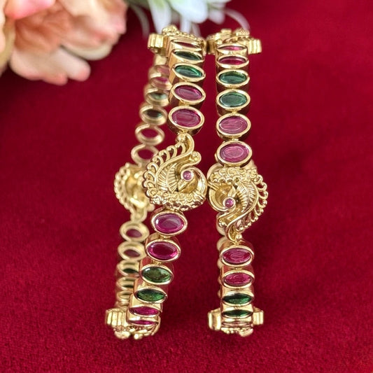 Gold Peacock Bangles Set of 2, Pink Green Stone Kada Bracelet, Traditional Indian Jewelry, Wedding Bangles, Festive Ethnic Jewelry Gift