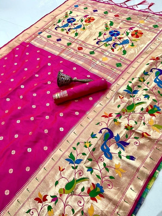 Rani Pink Semi Paithani Soft Silk Saree, Peacock Pallu Butti Soft Silk Saree, Indian Wedding Festive Traditional Designer Saree, Paithani sa