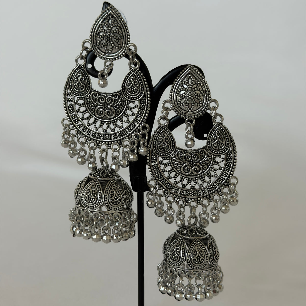 Oxidized Silver Chandbali Jhumka Earrings, Long Indian Statement Earrings, Traditional Ethnic Jewelry, Boho Dangle Earrings for Women