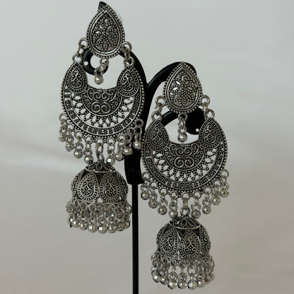 Oxidized Silver Chandbali Jhumka Earrings, Long Indian Statement Earrings, Traditional Ethnic Jewelry, Boho Dangle Earrings for Women