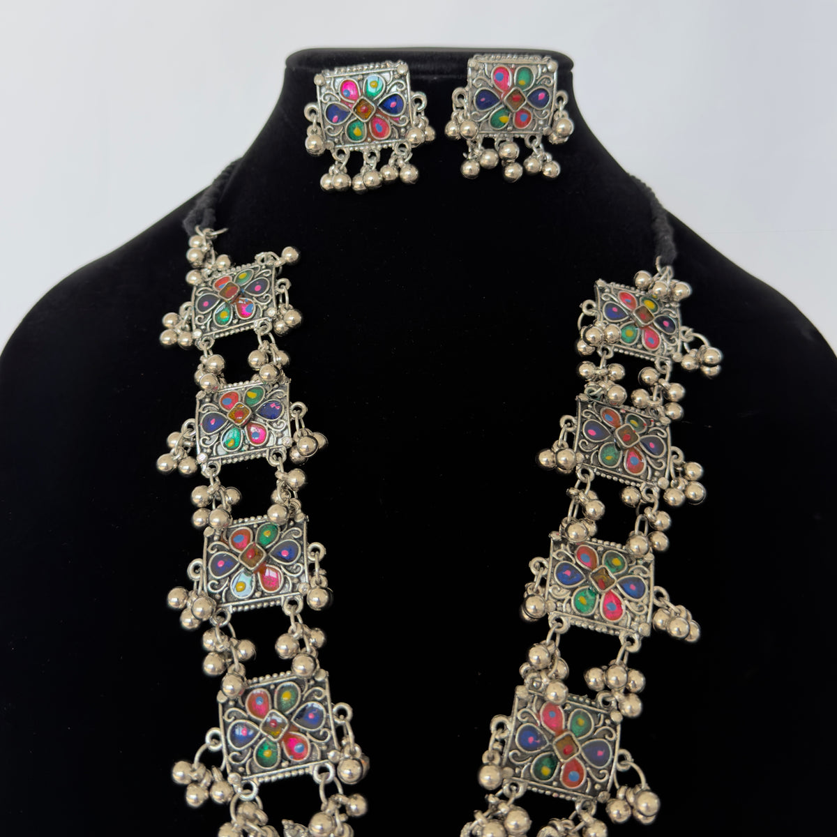 Oxidized Silver Necklace Set with Multicolor Enamel & Ghungroo, Indian Tribal Statement Jewelry, Boho Necklace Earrings Set, Festive Jewelry
