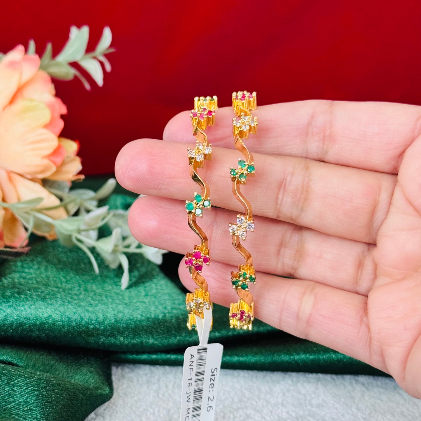 Elegant Multicolor Floral Gold Bangles Set, Designer Twist Kada, CZ Stone Indian Bangles, Wedding Festival Bangles, Traditional 2 Pc Bangle Set