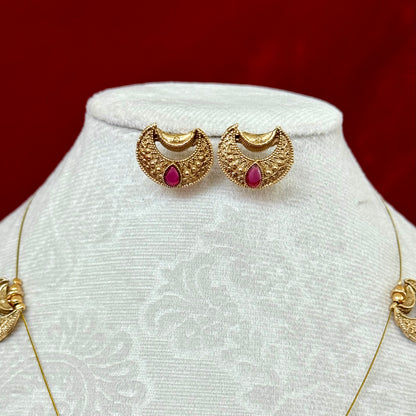 Chandrakor Necklace Set with Earrings, Traditional Maharashtrian Moon Pendant Jewelry, Antique Gold Finish with Ruby Stone, Festive Wedding