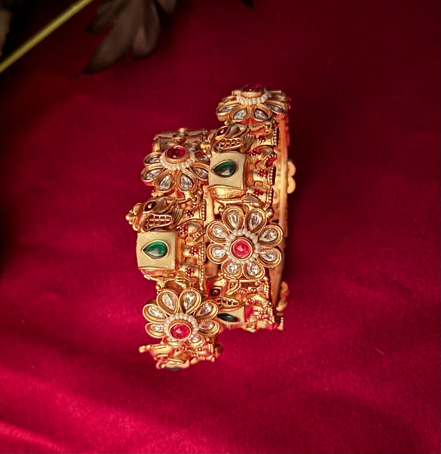 Floral Elephant Rajwadi Openable Kada Bangles | Antique Gold Traditional Bridal Jewelry