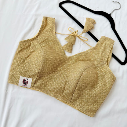 Gold Zari Sleeveless Saree Blouse, Shimmer Ready to Wear Indian Blouse, V Neck Padded Blouse, Party Wedding Blouse,lehenga top