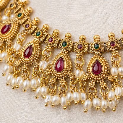 Antique Gold Choker Necklace Set with Ruby Green Stones & Pearl Drops | Temple Jewelry Bridal Choker | South Indian Wedding Necklace