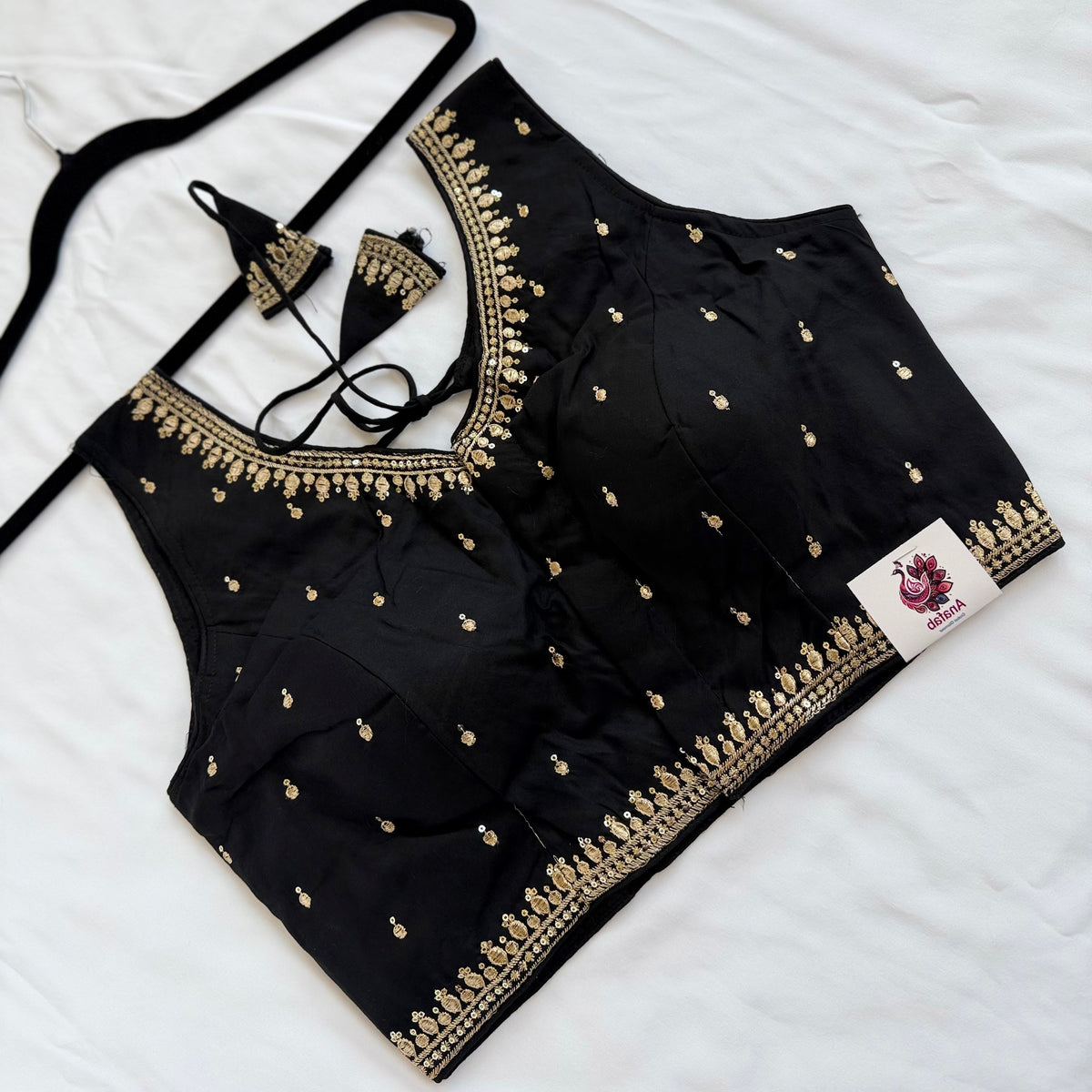 Black Jacquard Saree Blouse, Gold Embroidered Designer Blouse, Deep Back Neck Blouse with Latkan, Ready to Wear Indian Blouse, Crop top