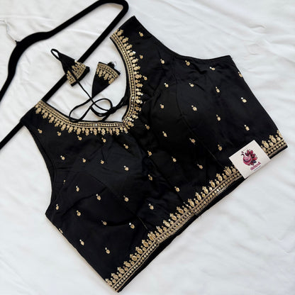 Black Jacquard Saree Blouse, Gold Embroidered Designer Blouse, Deep Back Neck Blouse with Latkan, Ready to Wear Indian Blouse, Crop top