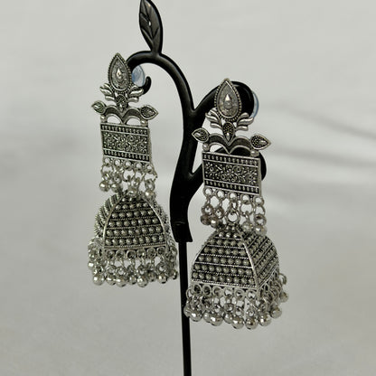 Oxidized Silver Jhumka Earrings, Large Indian Statement Earrings, Floral Tribal Jhumki, Traditional Ethnic Jewelry, Boho Festive, Garba earr
