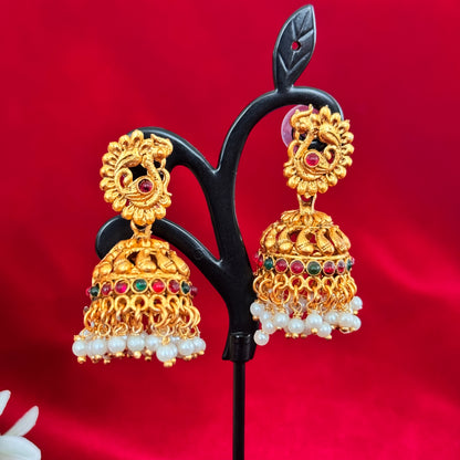 Traditional Antique Gold Jhumka Earrings with Kemp Stones & Pearl Drops | Temple Style South Indian Jhumki | Bridal Festive Ethnic Earrings