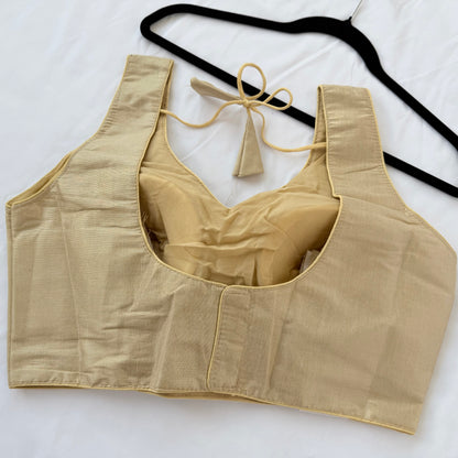 Light Gold Tissue Silk Saree Blouse, Ready to Wear Golden Blouse, Padded V Neck Blouse, Indian Saree Blouse, Festive Wedding Blouse , Crop t