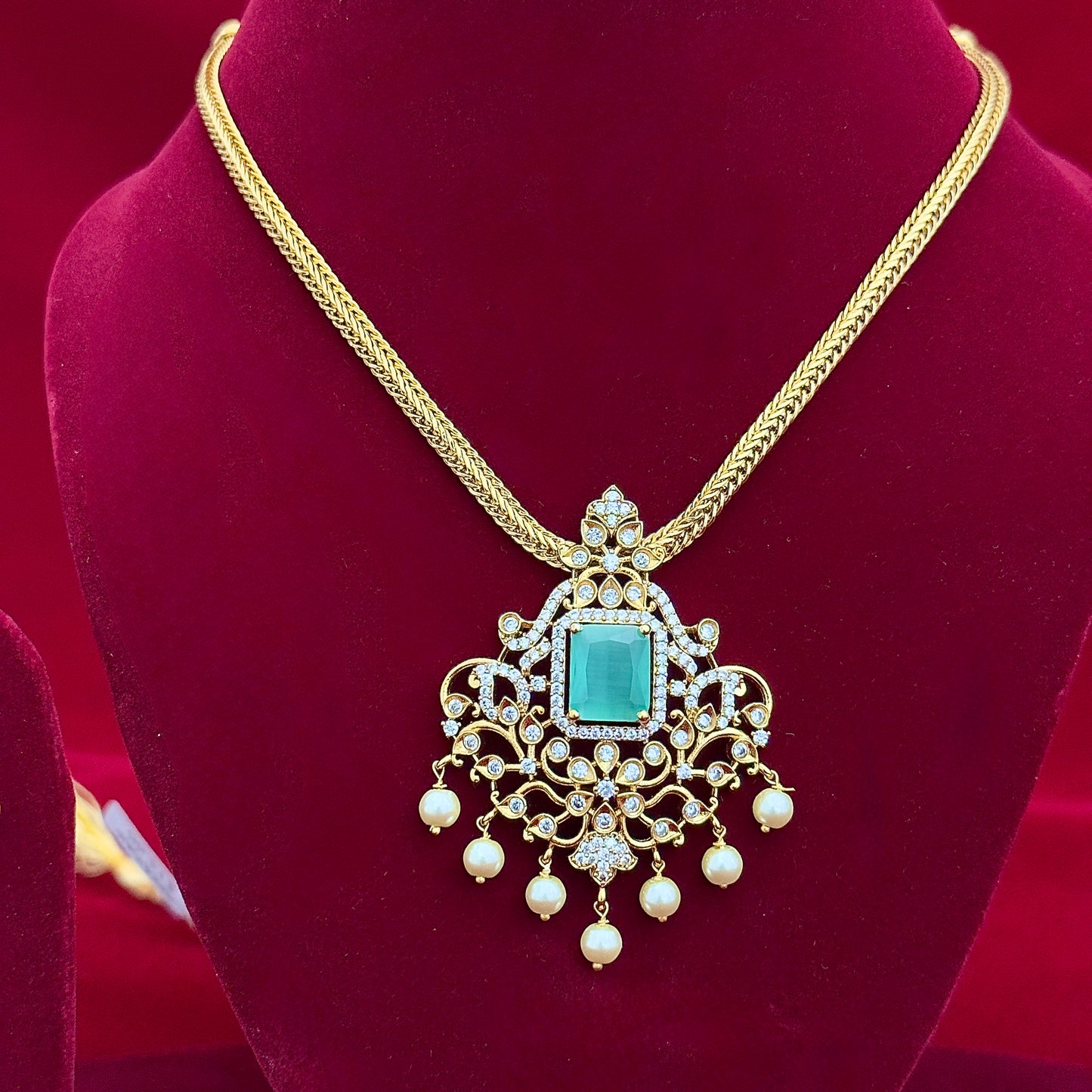 Turquoise CZ Polki Necklace Set with Pearl Drops, Indian Bridal Jewelry Set, Gold Tone Pendant Necklace, Statement Earrings, Party Wear Jew