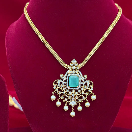 Turquoise CZ Polki Necklace Set with Pearl Drops, Indian Bridal Jewelry Set, Gold Tone Pendant Necklace, Statement Earrings, Party Wear Jew