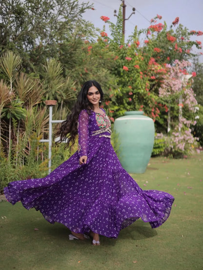 Navratri Bandhani Gown, Purple Garba Dress, Kutchi Patchwork Anarkali, Gujarati Traditional Dress, 12 Meter Flared Indian Ethnic Gown