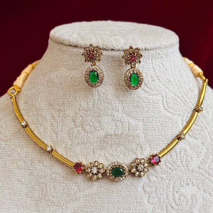 Emerald Green Pink Stone Necklace Set, Floral CZ Choker Necklace, Indian Wedding Jewelry Set, Gold Tone Party Wear Jewelry, Bridesmaid Gift