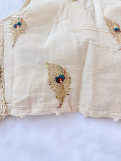 Khadi Cotton Embroidered Blouse, Ivory Peacock Sequin Work Saree Blouse, Stretchable Collar Neck Blouse, Ready to Wear Indian Blouse, Crop t