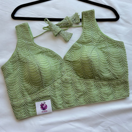 Mint Green Sequin Designer Blouse | Readymade Padded Saree Blouse | Elegant Party Wear Blouse with Tie Back | Size 38–42