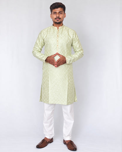 Men’s Pista Green Jacquard Kurta Pajama Set, Golden Woven Design Indian Traditional Outfit, Wedding Festive Wear, Diwali Kurta, Ships from U