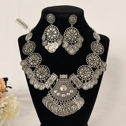 Oxidized Silver Coin Necklace Set with Earrings, Statement Indian Tribal Jewelry, Boho Ethnic Necklace, Navratri Garba Jewelry, Festival Gif