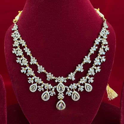 Diamond Look Bridal Necklace Set, Double Layer CZ Floral Necklace with Teardrop Drops, Indian Wedding Jewelry, Party Wear Set