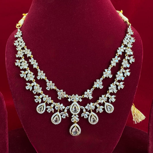 Diamond Look Bridal Necklace Set, Double Layer CZ Floral Necklace with Teardrop Drops, Indian Wedding Jewelry, Party Wear Set