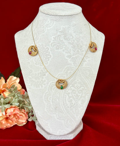 Chandrakor Necklace Set with Invisible Chain, Antique Gold Temple Jewelry, Ruby Green Stone Pendant Set, Minimalist Maharashtrian Jewelry