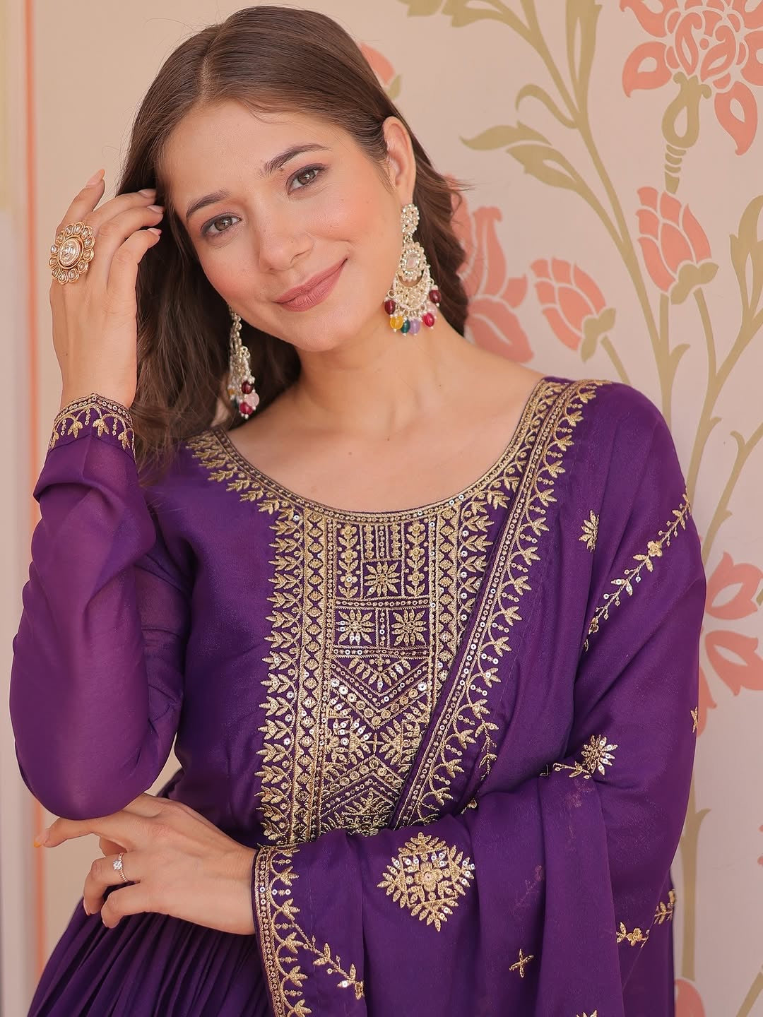 Purple Anarkali Gown with Dupatta, Georgette Embroidered Indian Dress, Zari Sequin Long Gown, Wedding Outfit for Women, festive Outfit, ethn
