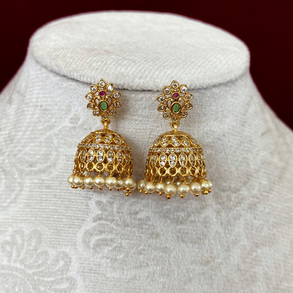 Antique Gold CZ Necklace Set with Jhumka Earrings, Pearl Hanging Pendant, Indian Bridal Jewelry, Ruby Green Choker, Wedding Set