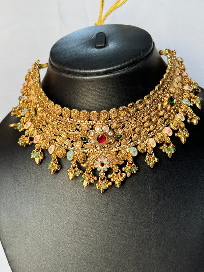 Antique Gold Indian Choker Necklace Set with Earrings, Multicolor Stone Temple Jewelry, Traditional Bridal Wedding Statement Necklace Set