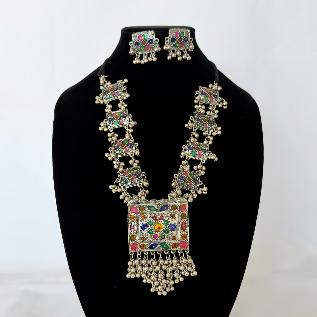 Oxidized Silver Necklace Set with Multicolor Enamel & Ghungroo, Indian Tribal Statement Jewelry, Boho Necklace Earrings Set, Festive Jewelry