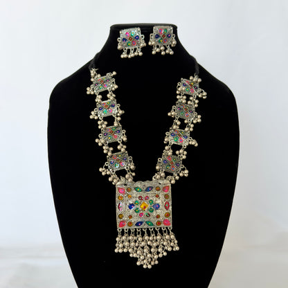 Oxidized Silver Necklace Set with Multicolor Enamel & Ghungroo, Indian Tribal Statement Jewelry, Boho Necklace Earrings Set, Festive Jewelry
