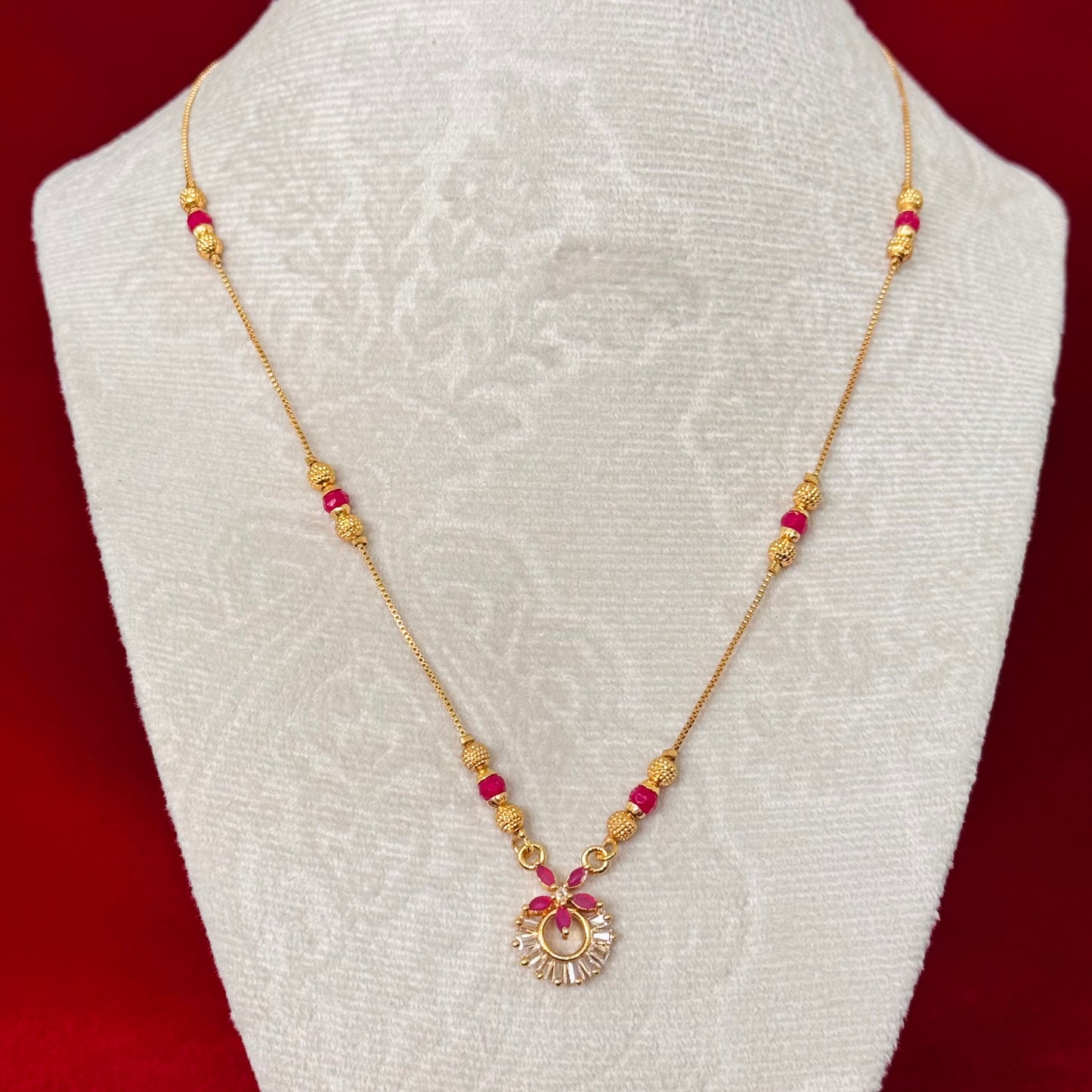 Minimal Ruby Pink Daily Wear Necklace for Women | Dainty Gold Tone Pendant Necklace | Indian Traditional Jewelry Gift | Party wear necklace