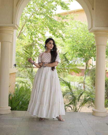 Navratri white Gown for Women, Garba Dandiya Dress, Mirror Work Kora Cotton Gown, Embroidered Indian Festival Dress, 12 Meter Flair