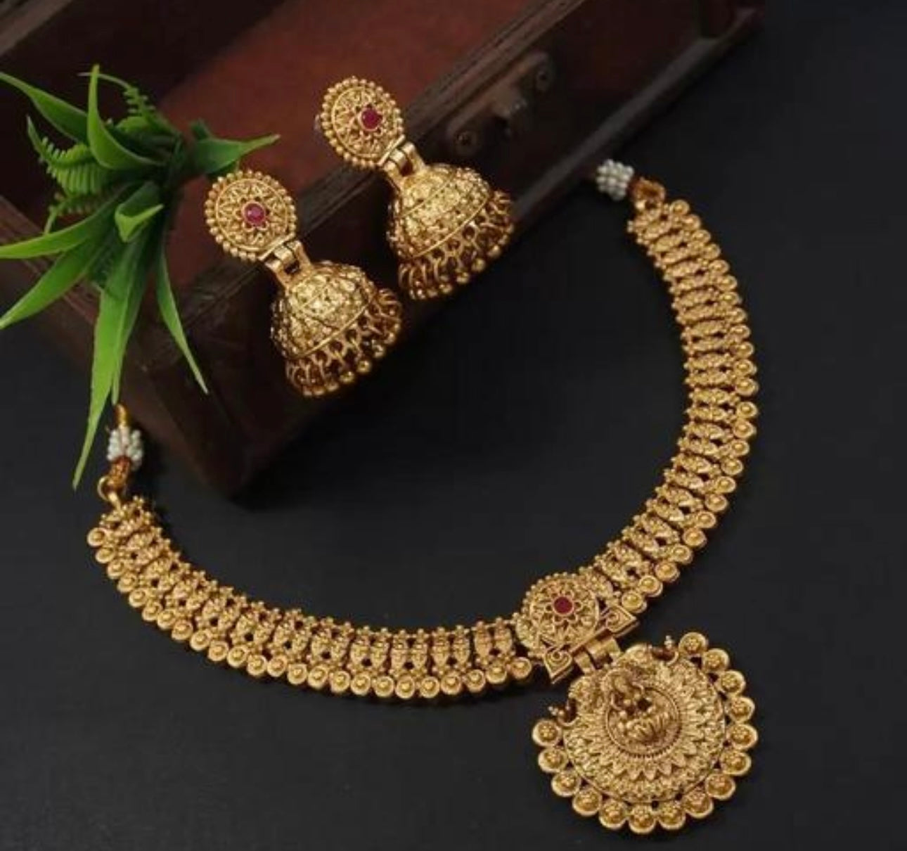 Antique Gold Temple Jewelry Set with Lakshmi Pendant and Jhumkas