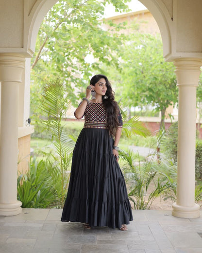 Navratri Black Gown for Women, Garba Dandiya Dress, Mirror Work Kora Cotton Gown, Embroidered Indian Festival Dress, 12 Meter Flair