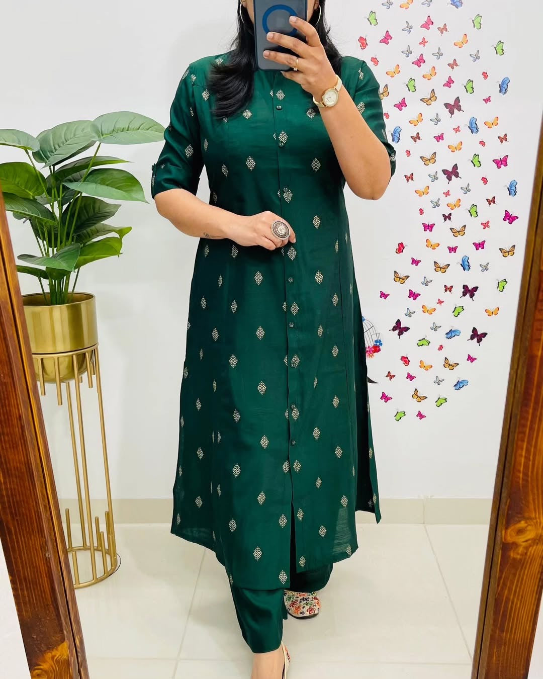 Emerald Green Cotton Co-Ord Set for Women, Princess Cut A Line Kurti with Pants, Ethnic Co-ords with Pockets, Daily Wear Outfit, office wear