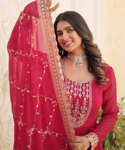 Pink Embroidered Gown with Dupatta | Fully Stitched Anarkali Style Dress | Indian Ethnic Wear for Weddings & Parties
