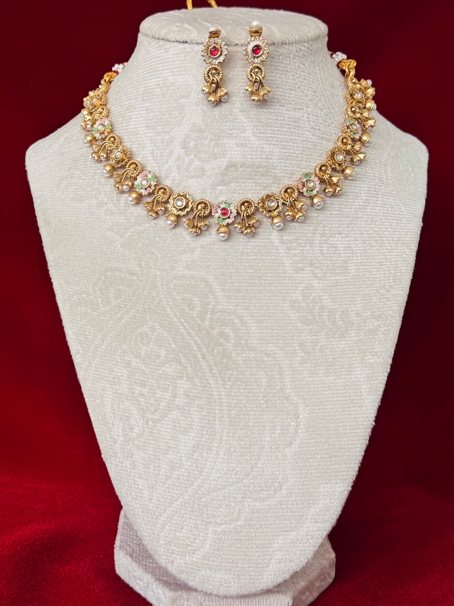 Majak Necklace Set | Antique Gold Floral Necklace Set | Pearl Drop Choker Necklace | Traditional Indian Jewelry | Wedding & Festive wear