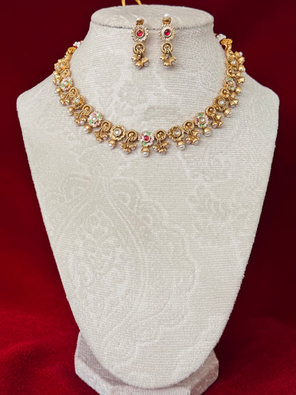 Majak Necklace Set | Antique Gold Floral Necklace Set | Pearl Drop Choker Necklace | Traditional Indian Jewelry | Wedding & Festive wear