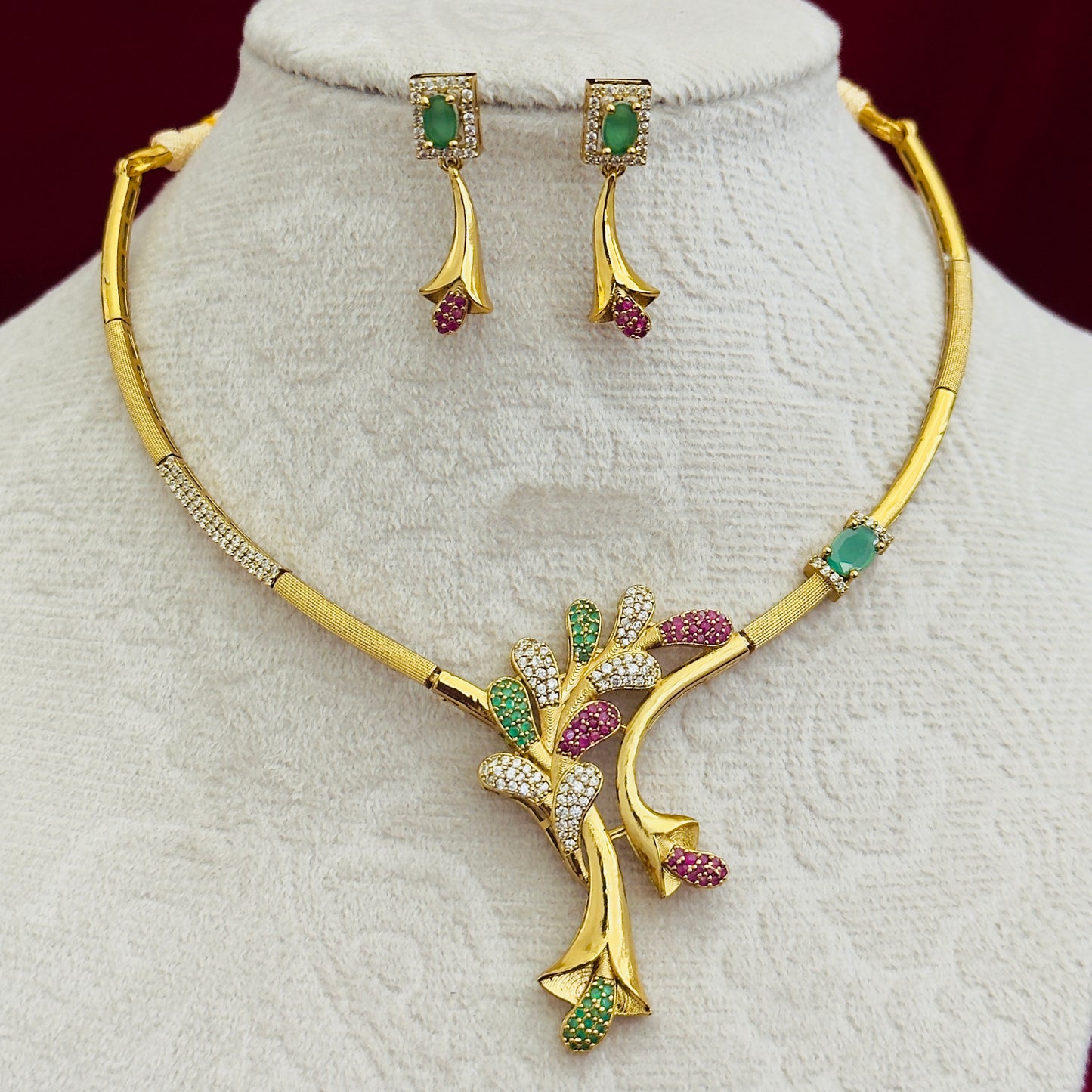 Designer CZ Floral Necklace Set, Gold Tone Statement Jewelry Set, Green Pink Stone Necklace, Party Wear Indian Jewelry, Modern Ethnic Gift