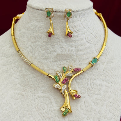 Designer CZ Floral Necklace Set, Gold Tone Statement Jewelry Set, Green Pink Stone Necklace, Party Wear Indian Jewelry, Modern Ethnic Gift