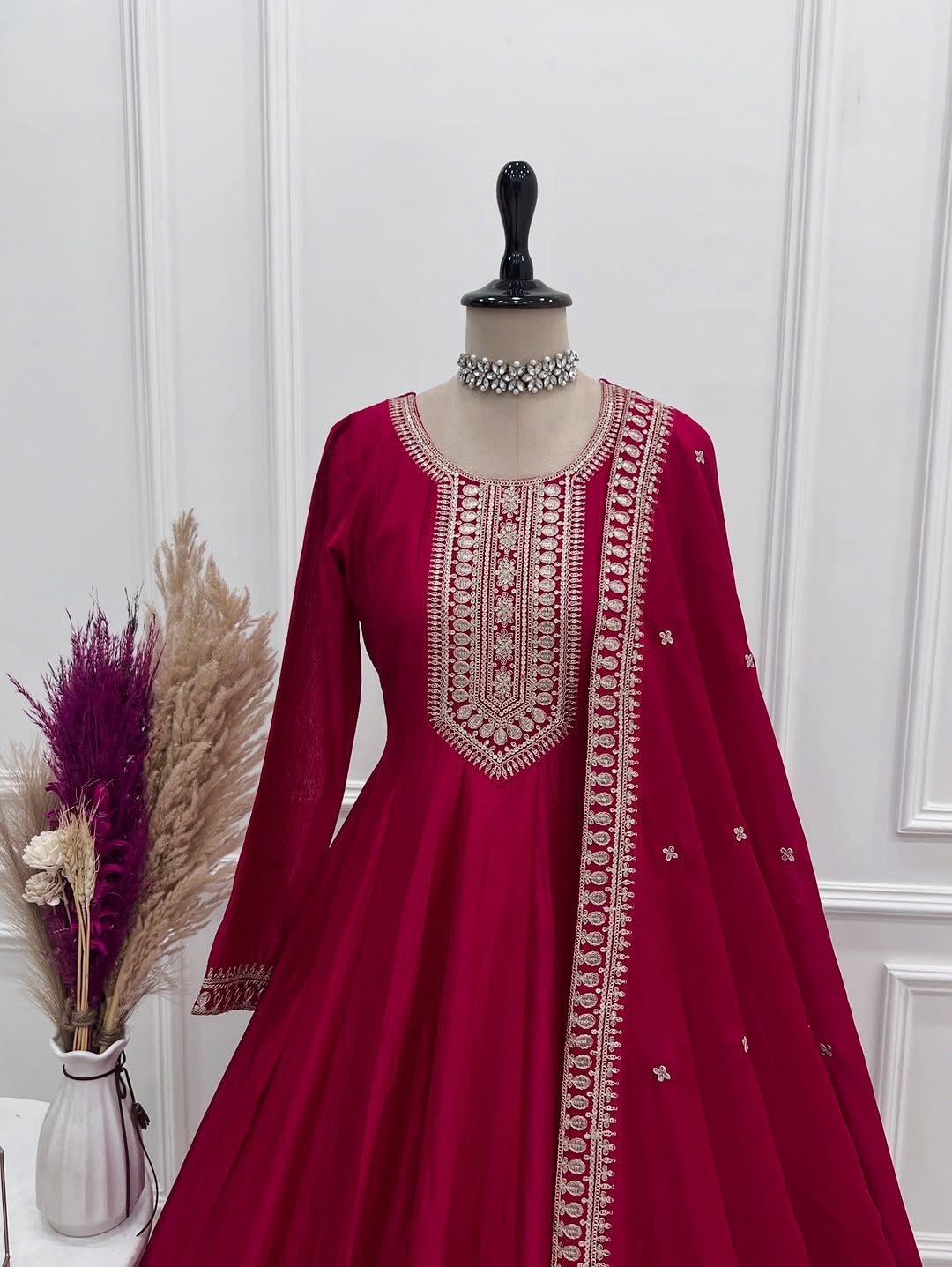 Dark Pink Anarkali Gown with Dupatta, Pure Vichitra Silk Dress, Heavy Embroidery Kali Anarkali Dress, Indian Wedding Festive Outfit