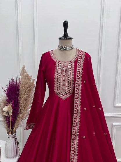Dark Pink Anarkali Gown with Dupatta, Pure Vichitra Silk Dress, Heavy Embroidery Kali Anarkali Dress, Indian Wedding Festive Outfit