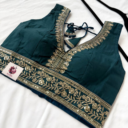 Teal Saree Blouse, Gold Zari Embroidered Blouse, Ready to Wear Indian Blouse, Sleeveless Designer Blouse, Wedding Festive Blouse, lehenga to