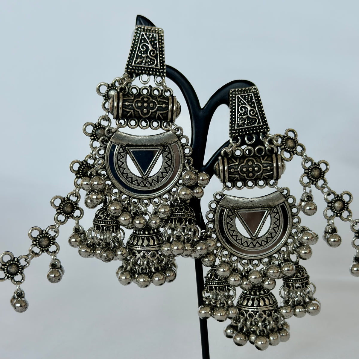 Oxidized Silver Jhumka Earrings with Long Chain, Traditional Indian Ghungroo Earrings, Tribal Boho Statement Jewelry, Garba Earrings, weddin