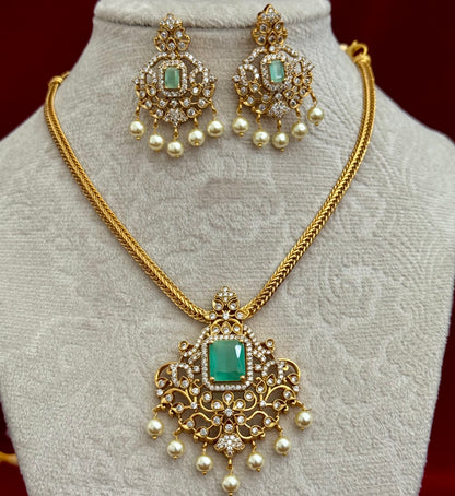 Turquoise CZ Polki Necklace Set with Pearl Drops, Indian Bridal Jewelry Set, Gold Tone Pendant Necklace, Statement Earrings, Party Wear Jew
