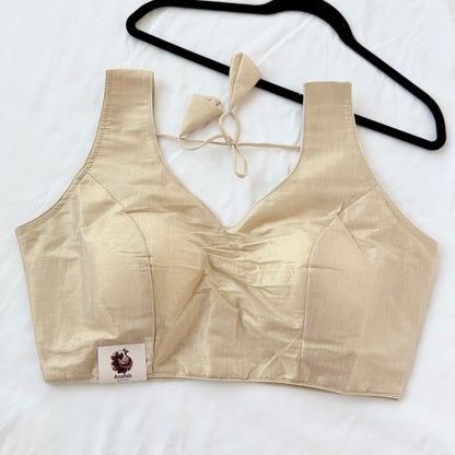 Beige Shimmer Tissue Saree Blouse, Ready to Wear Indian Blouse, V Neck Designer Choli, Sleeveless Wedding Blouse, Festive Blouse