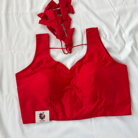 Red Taffeta Saree Blouse, Ready to Wear Sleeveless Indian Blouse, Deep Back Dori Latkan Blouse, Wedding Blouse, Bust 38-42
