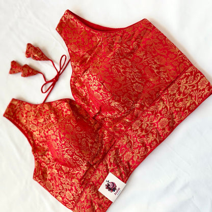Red Gold Brocade Blouse, Designer Blouse, Readymade Indian Blouse, Padded Sleeveless Blouse, Wedding Festive Blouse, Crop top, lehenga blous